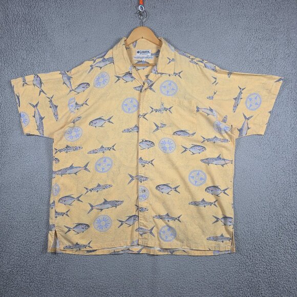 Columbia Shirt Mens Size XL Camp Loop Collar Tarpo Fish All Over Print Loose Fit - Picture 1 of 13